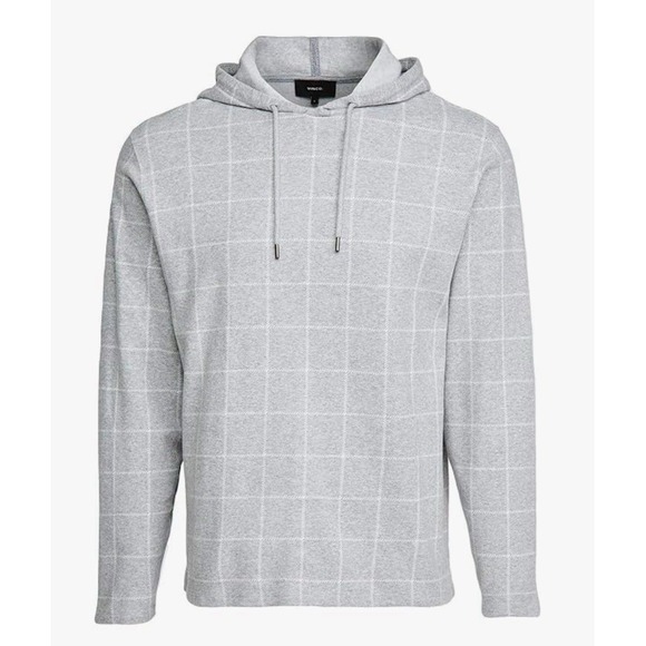 VINCE Mens Windowpane Plaid Pullover Cotton Jacquard Fleece Hoodie sz.L Gray NEW - Picture 1 of 11